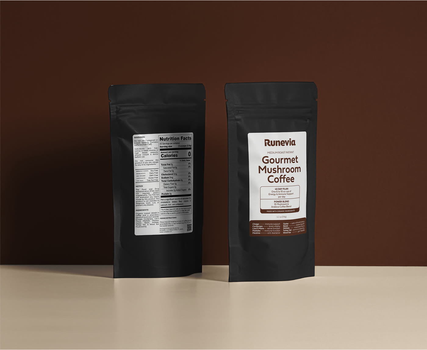 Runevia Gourmet Mushroom Coffee large pouch, 45 servings