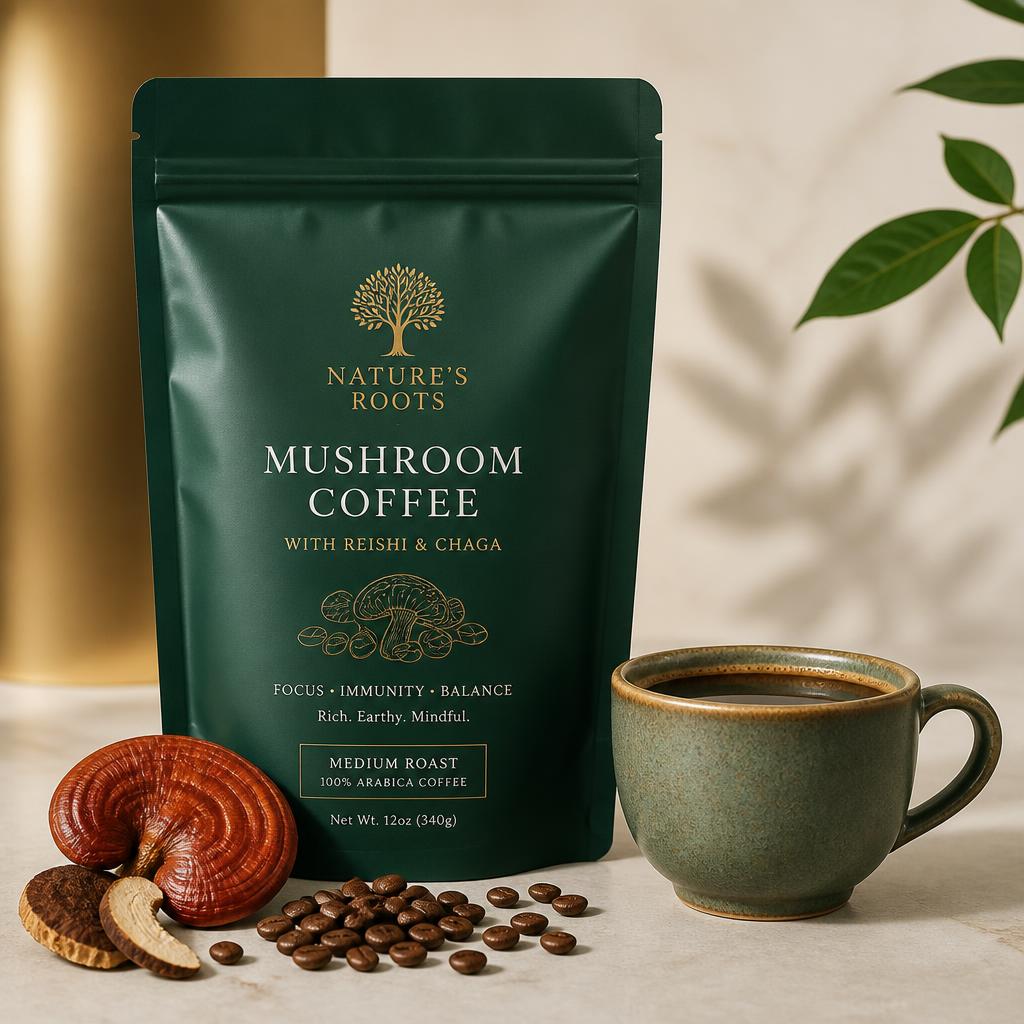 Runevia gourmet mushroom coffee pouch and cup