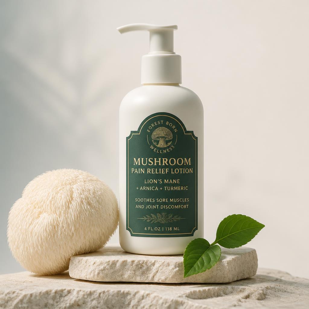 Runevia mushroom pain relief lotion bottle