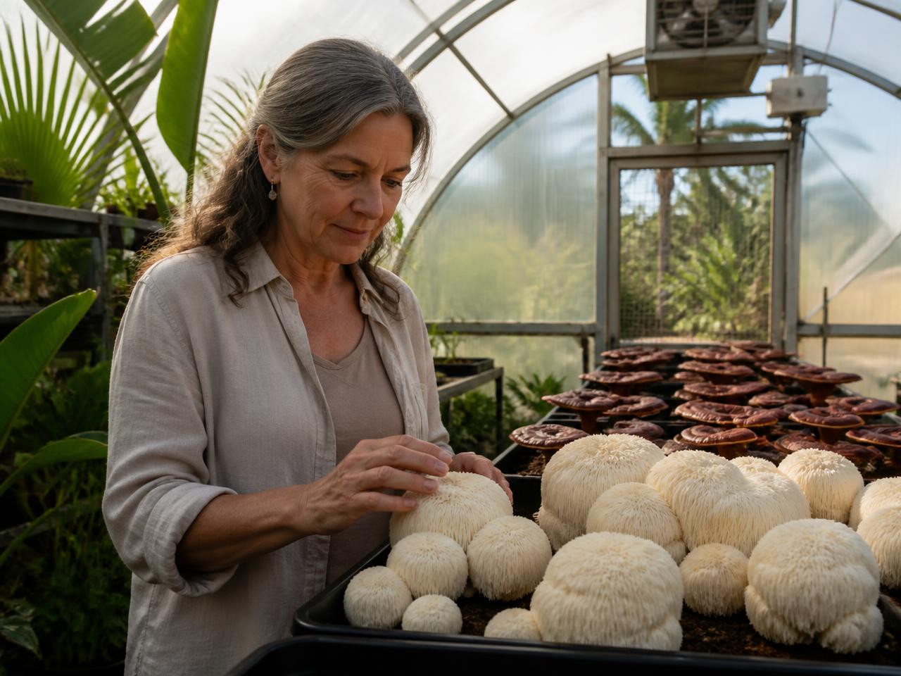 A local mushroom grower inspecting lion's mane mushrooms in a Florida greenhouse
